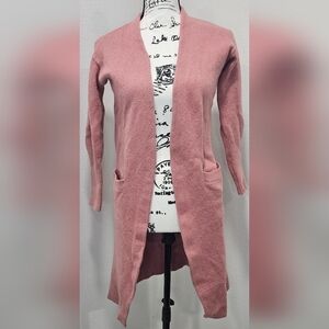 Halogen Women's Pink Front Open Cashmere Wool Long Cardigan with Pockets Small